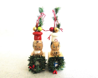 Folk Art Chef Cook Tree Ornaments, Small Assemblage Christmas Sculpture, Rustic Cabin Farm Holiday Décor