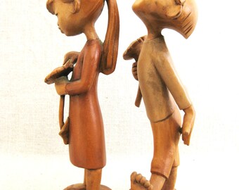 Vintage Anri Carved Wood Figures, Boy and Girl With Flowers
