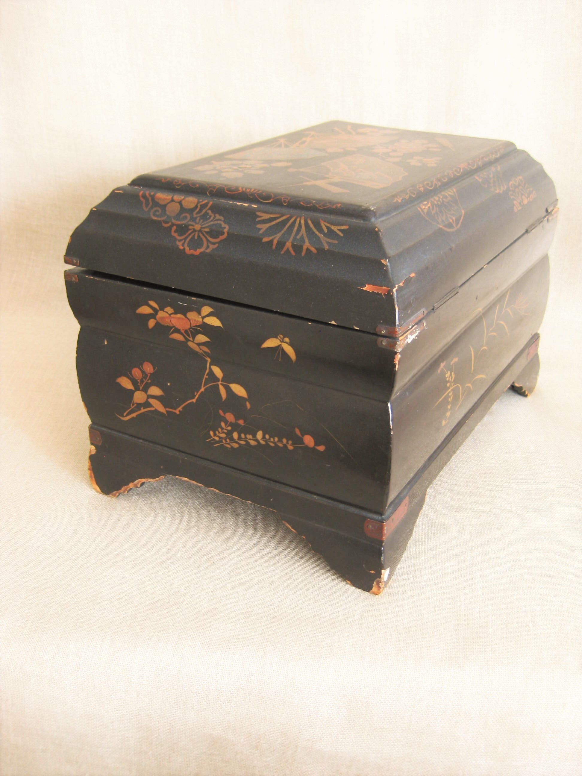 Antique Asian Style Wooden Jewelry Box, Vintage Chest, Hand Painted