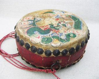 Vintage Hide Drum Chinese Primitive Musical Instrument, Rustic Cabin and Asian Décor