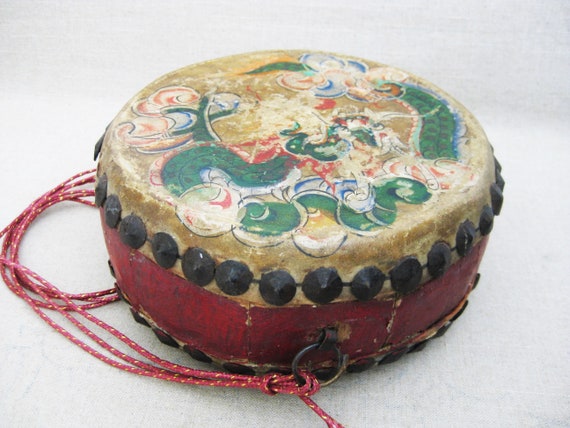 Vintage Hide Drum Chinese Primitive Musical Instrument Rustic