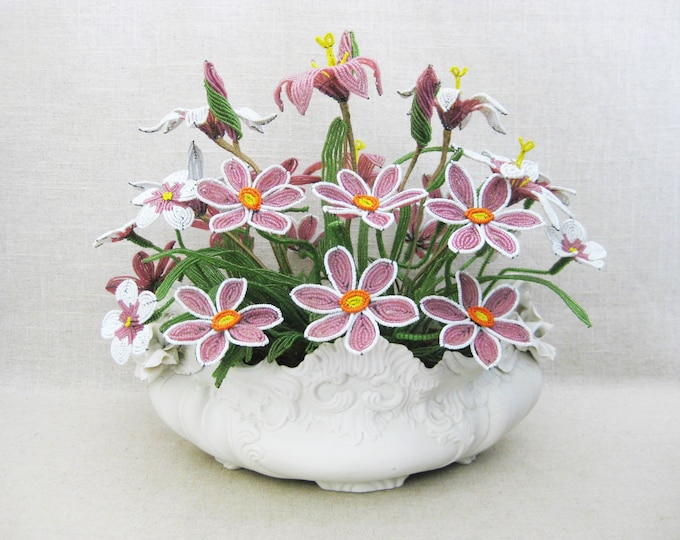 Featured listing image: Vintage Beaded Flower Arrangement Floral Bouquet Pink Blossoms in White Ceramic Vase