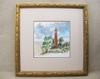 Michigan Beach Landscape Watercolor Painting, Original Lighthouse Framed Architecture Vintage Wall Art Signed J. Thompson Coastal Décor