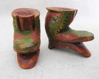 Folk Art Vintage Wooden Shoe Carving Boot Sculpture Miniature Pair Primitive Rustic Décor