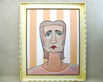 Contemporary Female Portrait Painting, Original Framed Wall Art, Vintage Wooden Period Frame Hand Painted OOAK Décor