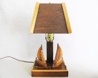 Nautical Folk Art Lamp, Sailboats Wooden Sculpture, Vintage Beach House Coastal and Lakehouse Décor
