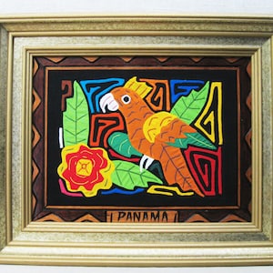 Colorful Mola Parrot, Framed Folk Wall Art, Vintage Textile Fiber Wall Hanging South American Décor