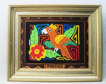 Colorful Mola Parrot, Framed Folk Wall Art, Vintage Textile Fiber Wall Hanging South American Décor