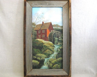 Architectural Landscape Painting, Original Rustic New England Vintage Wall Art Framed Décor