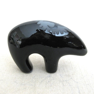 Charming Vintage Black Clay Pottery, Ceramic Bear Figurine. Spirit Animal Sculpture made with Black Clay, w high gloss black glaze w mat finished unglazed details. Signed w initials MA, dated 01.