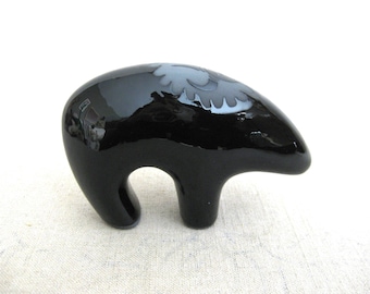 Vintage Black Clay Pottery Bear Figurine, Spirit Animal Sculpture Native American Style Art
