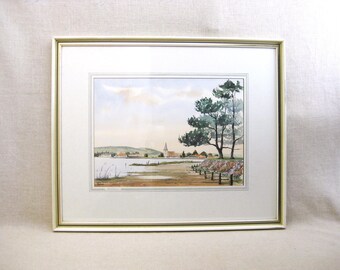European Landscape Watercolor Painting, Framed Original Wall Art, Bosham UK David Holmes Vintage OOAK Décor