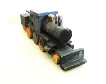 Folk Art Wooden Toy Train, Primitive Toys, Vintage Rustic Cabin and Christmas Village Home Décor