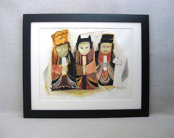 Vintage Asian Male Portrait Painting, Framed Original Watercolor, Spiritual Figurative