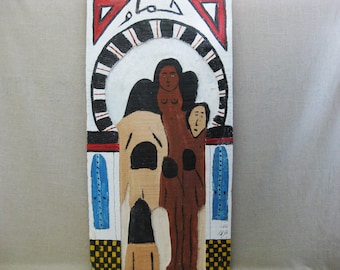 Outsider Folk Art Female Portrait Painting on Carved Plaque by d'Othman Khadraoui
