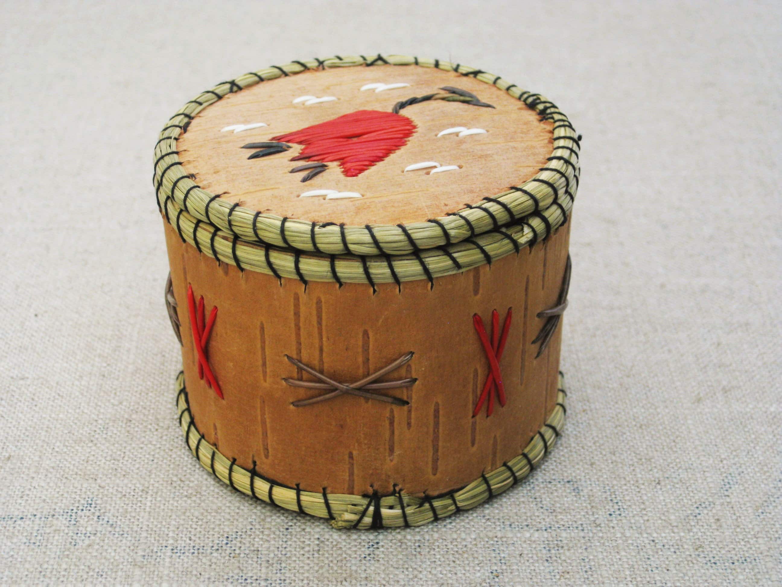 Vintage Porcupine Quill Bark Box, Round Trinket Box, Signed, Storage