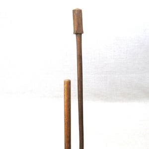 May include: Two wooden dowels of different lengths. One is a short, rounded dowel, and the other is a long, thin dowel with a rectangular top. Both are made of a light brown wood.
