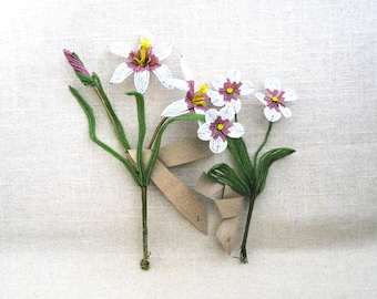 Pink and White Beaded Flowers with Green Leaves, Vase and Arts and Crafts Supplies Hostess Gift Sister