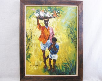 Colorful Mid-Century Male Portrait Painting, Framed Original Tropical Wall Art, Father and Son Home Décor
