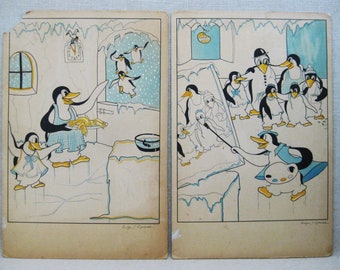 Vintage Penguin Illustrations Nursery Décor Original Fine Art Evelyn Lipman