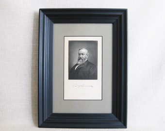 Antique Male President Portrait Engraving, Benjamin Harrison, Framed Fine Art Print, Library Masculine Wall Décor
