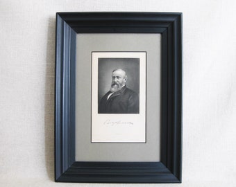 Vintage Male Portrait Engraving Framed Fine Art Print of President Benjamin Harrison Library Masculine Wall Décor