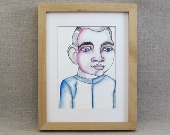 Modern Male Portrait Watercolor Painting Original of Boy Framed Small Wall Art Home Décor Gift Size
