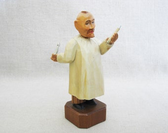 Folk Art Doctor Figure Sculpture, Wood Carving, Dentist Statue, Medical Collectibles