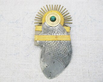Vintage Folk Art Fish Brooch, Lapel Pin, Handmade Assemblage Art