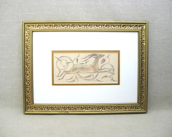 Art Deco Gazelle Drawing, Framed Original Graphite and Colored Pencil, Vintage Animal Wall Art Antique Home Décor Housewarming Gift