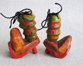 Vintage Miniature Boots, Wooden Shoe, Folk Art Carving, Boot Sculpture, Pair, Primitive Rustic Decor