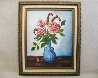 Naïve Vintage Flower Painting Floral Still Life Original Fine Art Framed Cottage Wall Décor