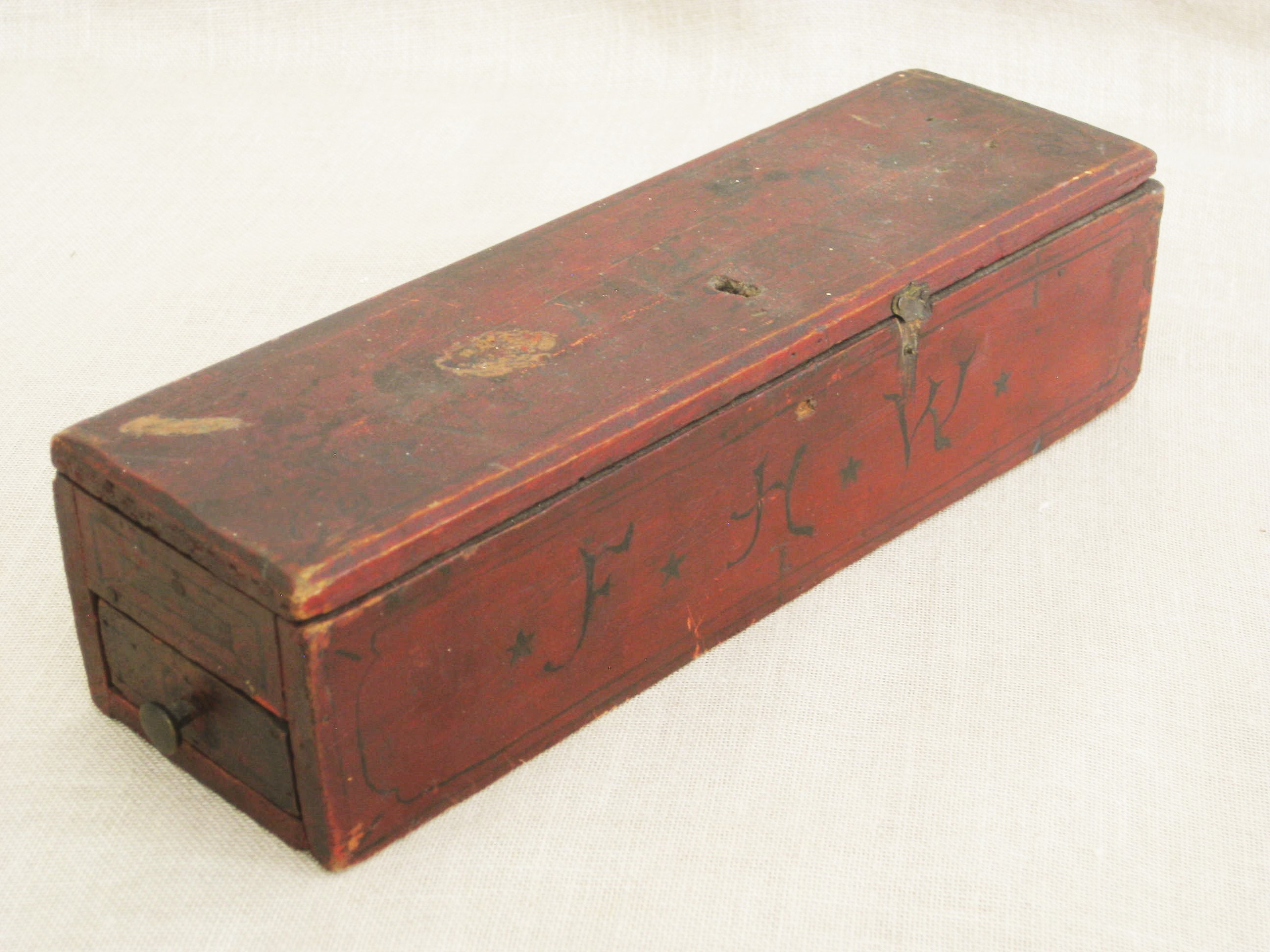 Antique Folk Art Handmade Pencil Box with Hand Painted Monogram, School