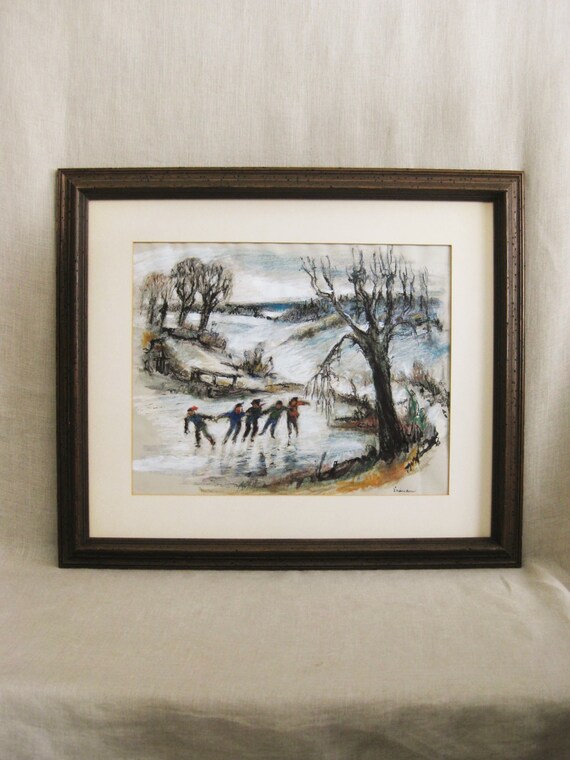 Vintage Winter Landscape Kids Ice Skating Framed Original Fine Art Lake Gouache Charcoal Pastels Large Rustic Vintage Winter Landscape Kids Ice Skating Framed Original Fine Art Lake Gouache Charcoal Pastels Large Rustic
