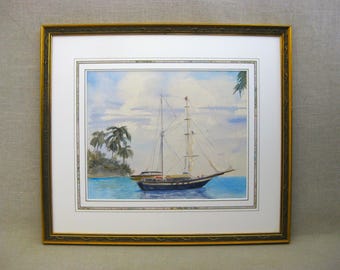 Nautical Sail Boat Painting, Original Watercolor, Seaside Landscape, Framed Wall Art, Vintage Beach House Décor