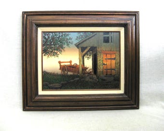 Rustic Barn Landscape Painting, H Hargrove Architecture, Vintage Rural Scenery Framed Original Fine Art