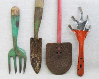 Vintage Garden Tools Shovels, Garden Claw Greenhouse Décor Arts and Crafts Found Object Art
