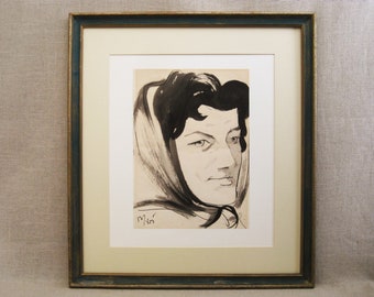 Mid-Century Female Portrait Drawing, Original Ink on Paper, Framed Vintage Wall Art Home Décor Housewarming Gift
