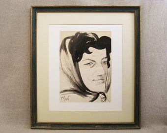 Original Vintage Female Portrait Ink Drawing Framed Fine Art Mid-Century Wall Décor