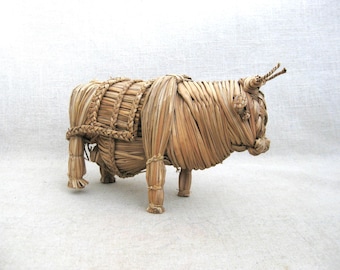Vintage Bull Sculpture, Folk Art Straw Animal Figure Bovine