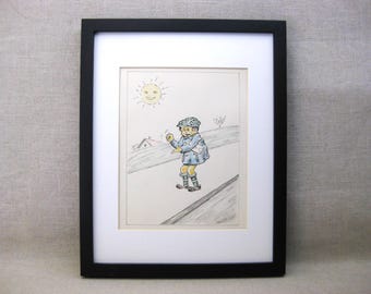 Comic Style Male Portrait Drawing Original Vintage Illustration Framed Wall Art Kids Room Home Décor