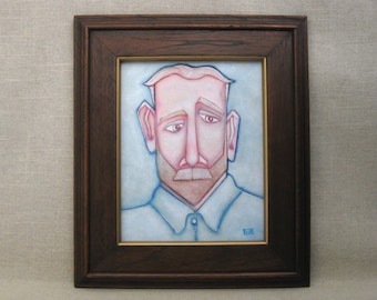 Original Male Portrait Painting Framed in Mid-Century Wooden Period Frame, Fine Art Paintings of Men Wall Decor