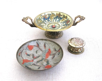 Brass Enamel Bowls Ring Dish Vintage Vanity Set Décor Desk and Dresser Storage and Organization