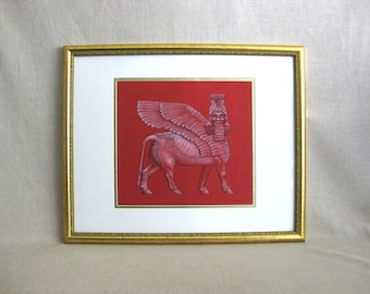 Vintage Shedu Lamma Original Drawing, Framed Mythical Animals, Exotic Home Décor