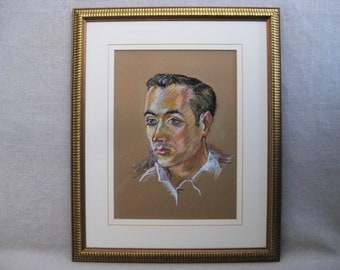 Mid-Century Male Portrait Drawing Original Pastel Framed Wall Art Housewarming Gift