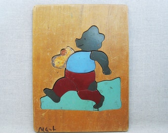Vintage Honey Bear Jigsaw Puzzle, Wooden Children's Judy Toys, Animal Folk Art Nursery Décor
