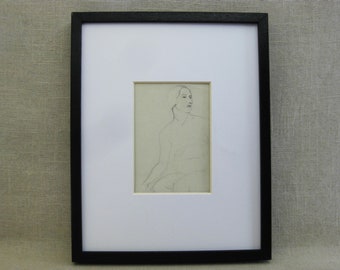 Original Vintage Portrait Female Nude Drawing Framed Fine Art Wall Décor