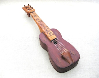 Primitive Folk Art Miniature Guitar Sculpture Carved Wooden Vintage Musical Instruments Gift for Musician