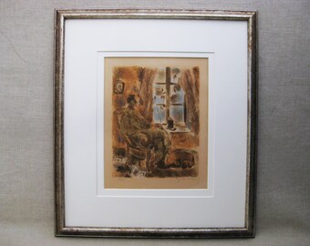 Male Portrait Fine Art Print, Original Hand Colored Framed Vintage Lithograph. Signed Suzanne Humbert, Wall Art Décor