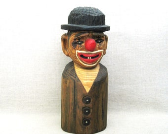 Folk Art Clown Sculpture, Carved Wooden Male Portrait, Vintage Circus Theme Home Décor